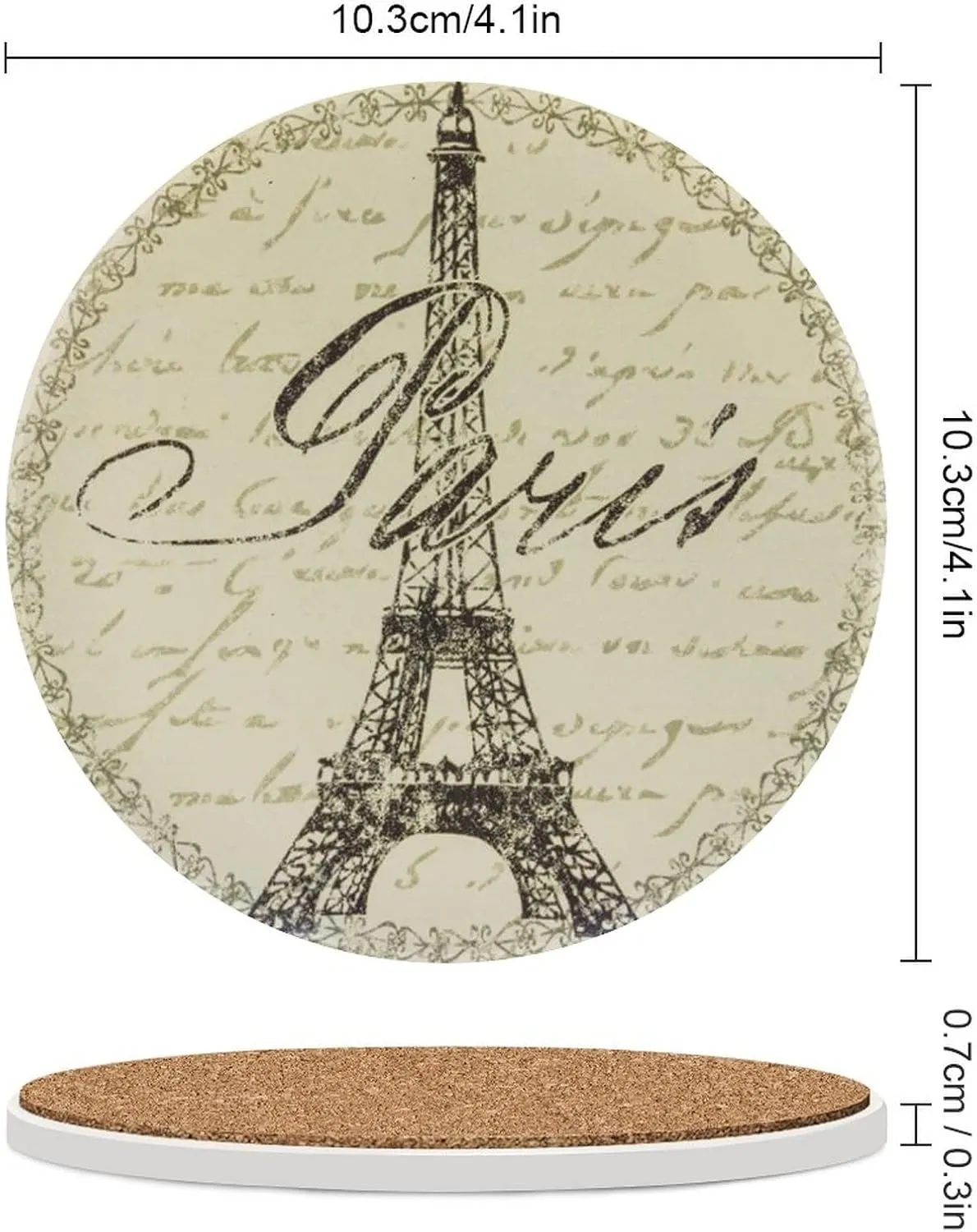 Paris Coasters for Drinks Set of 4 Retro French Style 4 inch Absorbent Diatomite Ceramics Eiffel Tower Coasters for Coffee Table with Cork Base, Suitable for Dining Tables, Desks, Restaurants, Cafes