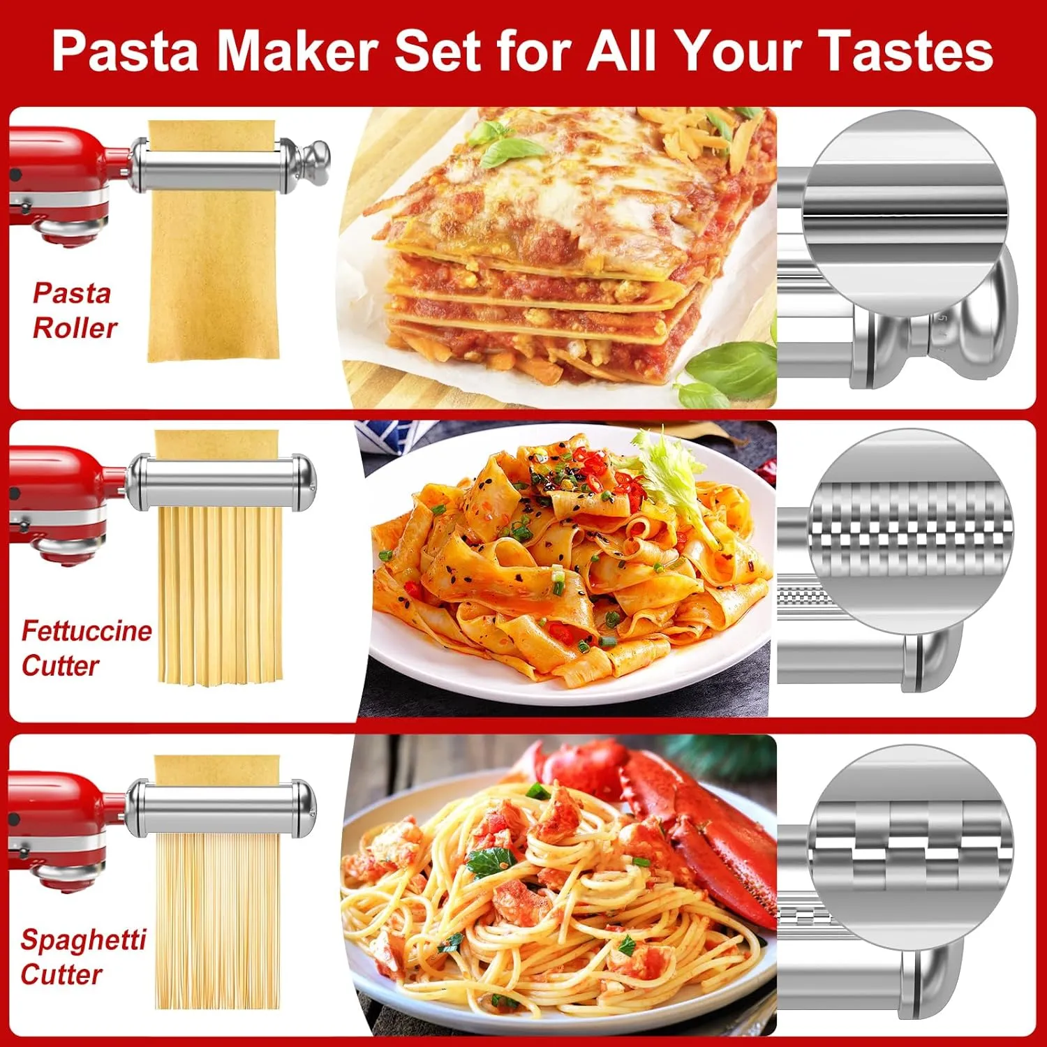 Pasta Maker Attachment Set for All KitchenAid Stand Mixer Included Pasta Sheet Roller, Spaghetti Cutter and Fettuccine Cutter, Stainless Steel Pasta Roller Accessories with 8-Speed Adjustable, 3 Piece