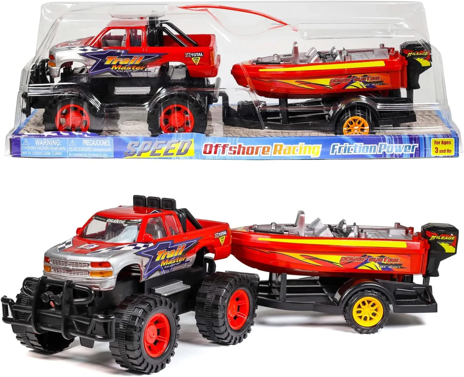 Path Blazer Friction Power Monster Truck Speed Boat Hauler with Trailer