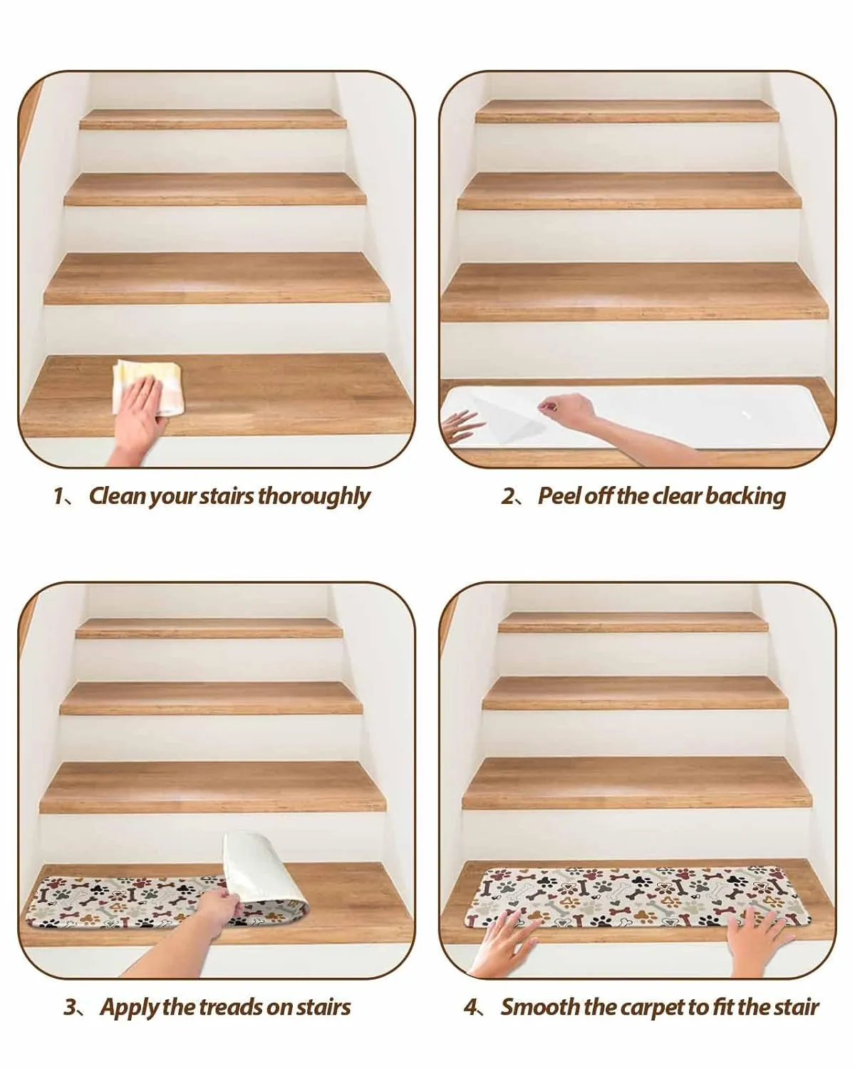 Pet Footprints Beige Stair Treads for Wooden Steps Indoor, 7 Pack Non Slip Carpet Stair Treads for Kids Elders and Dogs with Reusable Adhesive, 8x30 inch Step Mats Dog Claws Bones Love Heart Textured