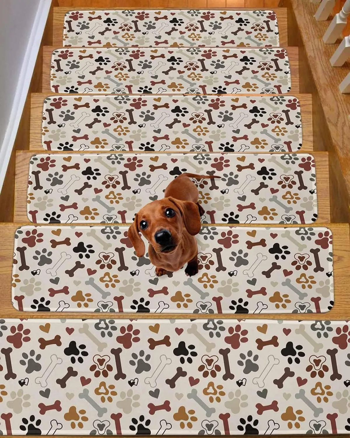 Pet Footprints Beige Stair Treads for Wooden Steps Indoor, 7 Pack Non Slip Carpet Stair Treads for Kids Elders and Dogs with Reusable Adhesive, 8x30 inch Step Mats Dog Claws Bones Love Heart Textured