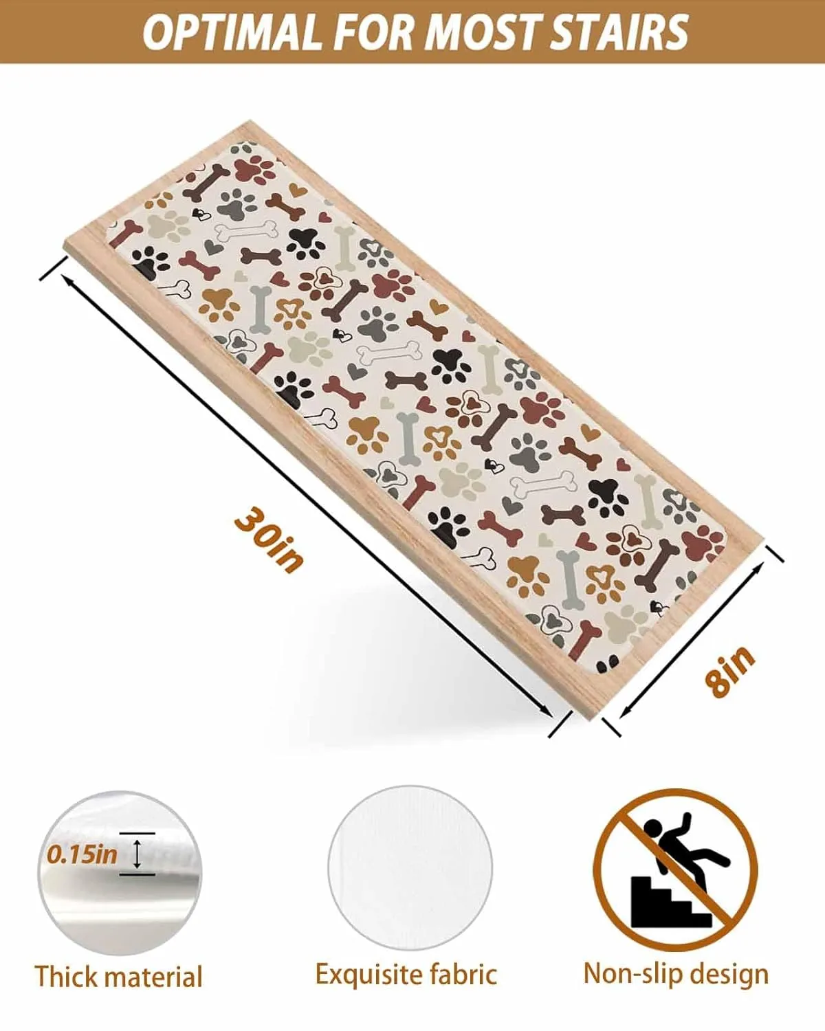 Pet Footprints Beige Stair Treads for Wooden Steps Indoor, 7 Pack Non Slip Carpet Stair Treads for Kids Elders and Dogs with Reusable Adhesive, 8x30 inch Step Mats Dog Claws Bones Love Heart Textured