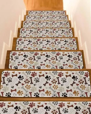 Pet Footprints Beige Stair Treads for Wooden Steps Indoor, 7 Pack Non Slip Carpet Stair Treads for Kids Elders and Dogs with Reusable Adhesive, 8x30 inch Step Mats Dog Claws Bones Love Heart Textured