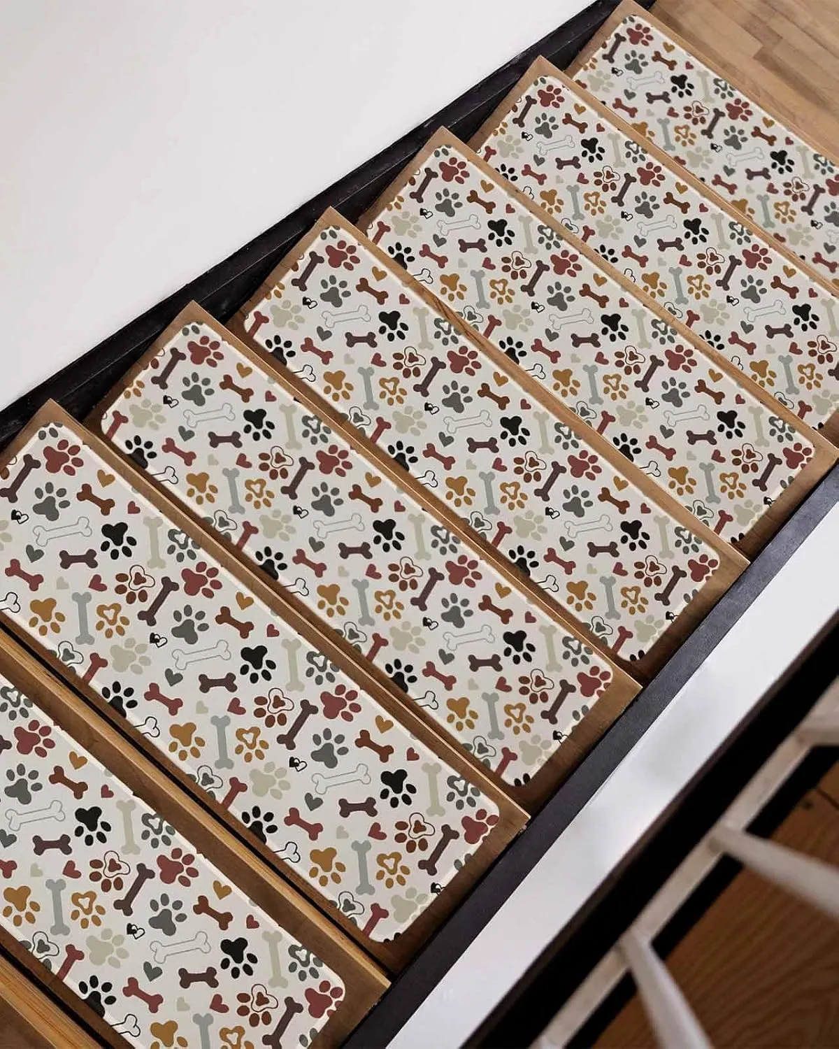 Pet Footprints Beige Stair Treads for Wooden Steps Indoor, 7 Pack Non Slip Carpet Stair Treads for Kids Elders and Dogs with Reusable Adhesive, 8x30 inch Step Mats Dog Claws Bones Love Heart Textured