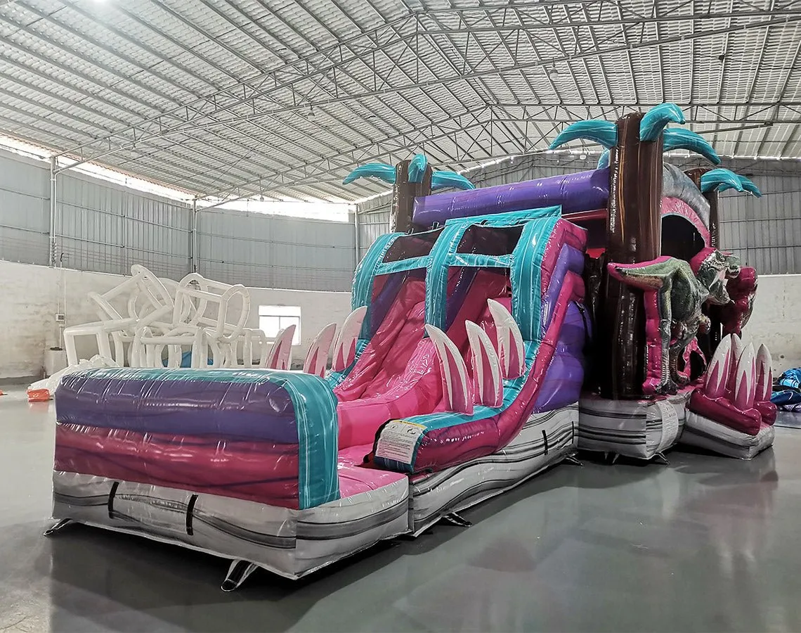 Pink Dino Dive Dinosaur Dual Lane Bounce House with Slide (Wet/Dry)