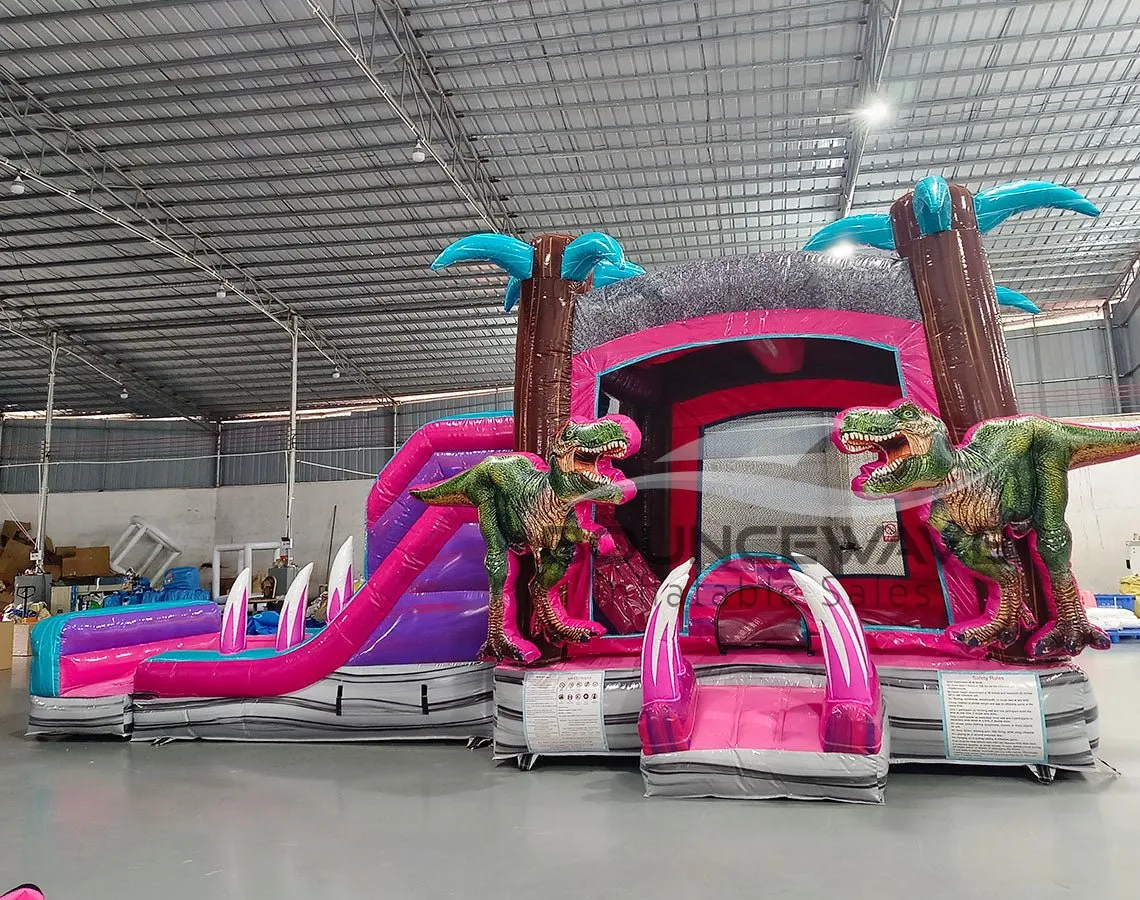Pink Dino Dive Dinosaur Dual Lane Bounce House with Slide (Wet/Dry)