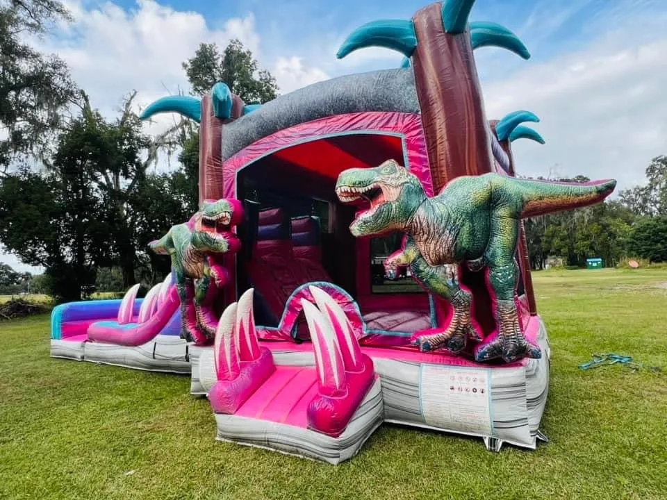 Pink Dino Econo Bounce House with Slide (Wet/Dry)