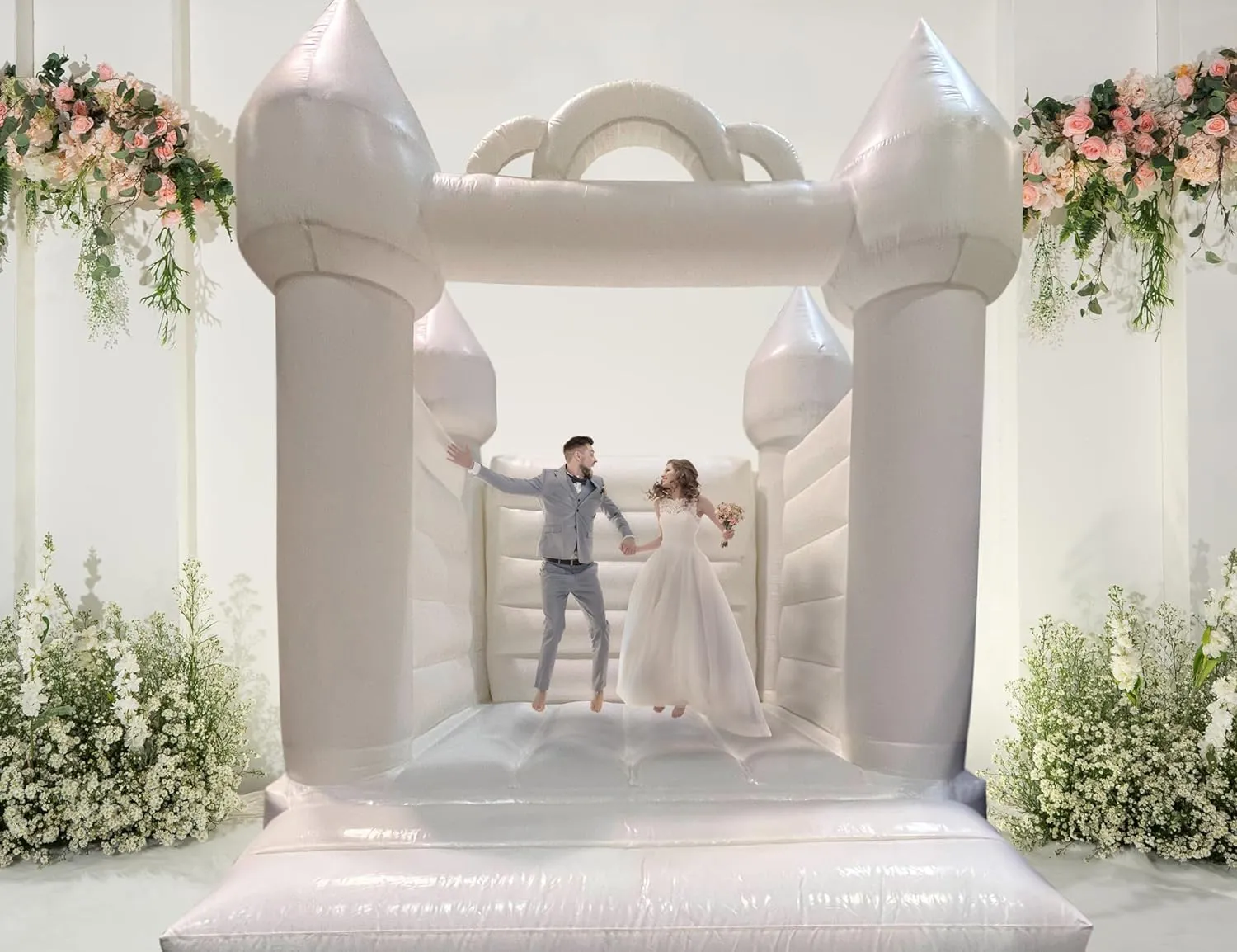 Pogo Bounce House White Inflatable - 13 x 12 x 14.5 Foot - Big Inflatable Castle Unit for Weddings - Outdoor Party with Blower, Stakes, & Storage Bag
