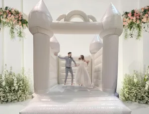 Pogo Bounce House White Inflatable - 13 x 12 x 14.5 Foot - Big Inflatable Castle Unit for Weddings - Outdoor Party with Blower, Stakes, & Storage Bag