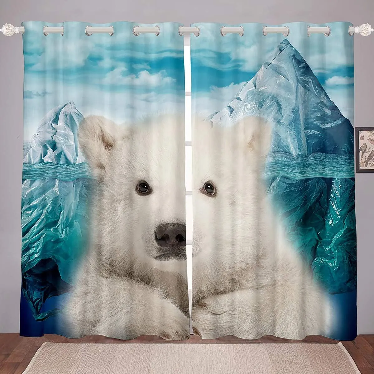 Polar Bear Curtains, Iceberg Pattern Window Treatments Curtains For Kids Boys Girls Teens Adult, Arctic Scenery Window Curtains, Cute Animal Window Drapes Bedroom Decor, Blue White, 84"X63"