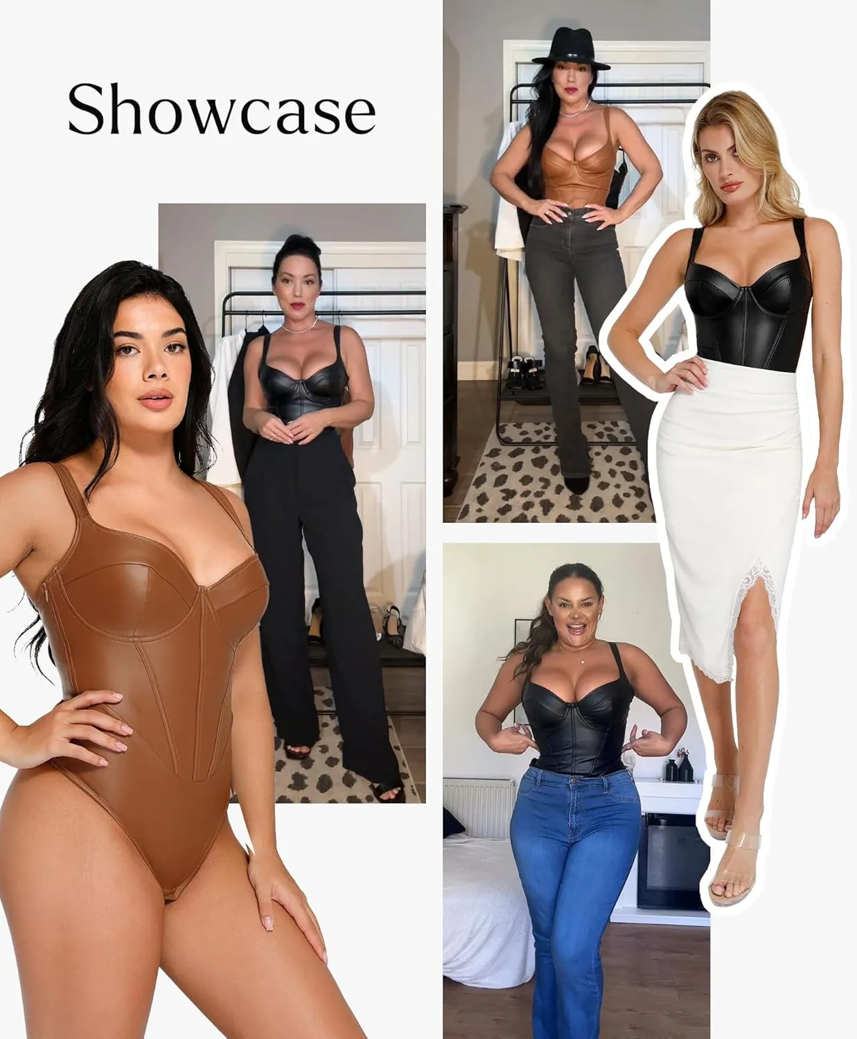 Popilush Leather Corset Bodysuit for Women Tummy Control V Neck Thong Shapewear Sleeveless Body Suit Trendy Tops