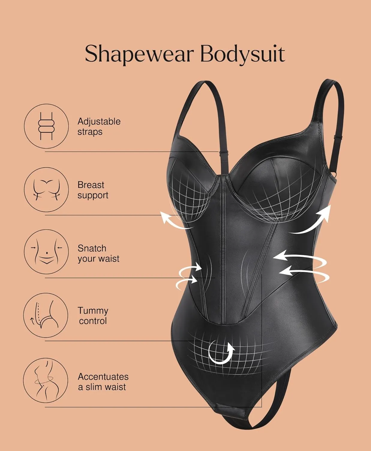 Popilush Leather Corset Bodysuit for Women Tummy Control V Neck Thong Shapewear Sleeveless Body Suit Trendy Tops