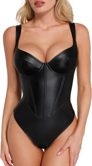 Popilush Leather Corset Bodysuit for Women Tummy Control V Neck Thong Shapewear Sleeveless Body Suit Trendy Tops