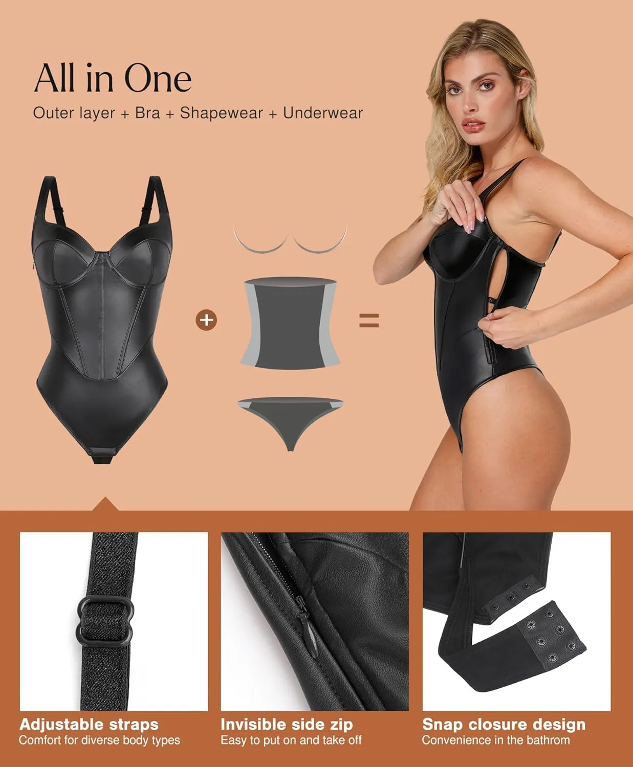Popilush Leather Corset Bodysuit for Women Tummy Control V Neck Thong Shapewear Sleeveless Body Suit Trendy Tops