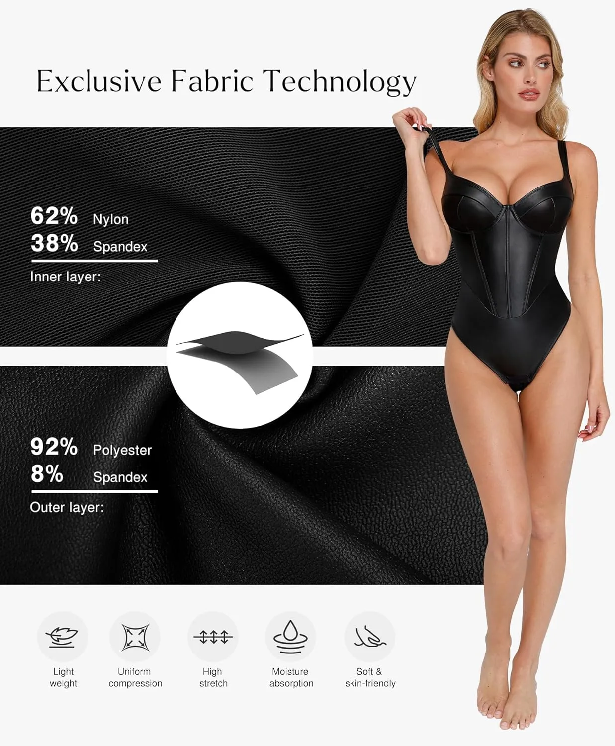Popilush Leather Corset Bodysuit for Women Tummy Control V Neck Thong Shapewear Sleeveless Body Suit Trendy Tops