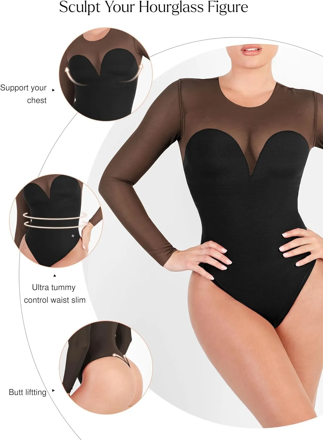 Popilush Long Sleeve Mesh Shapewear Bodysuit for Women Tummy Control Sheer Body Suits Womens Built in Bra Tops Winter Outfits