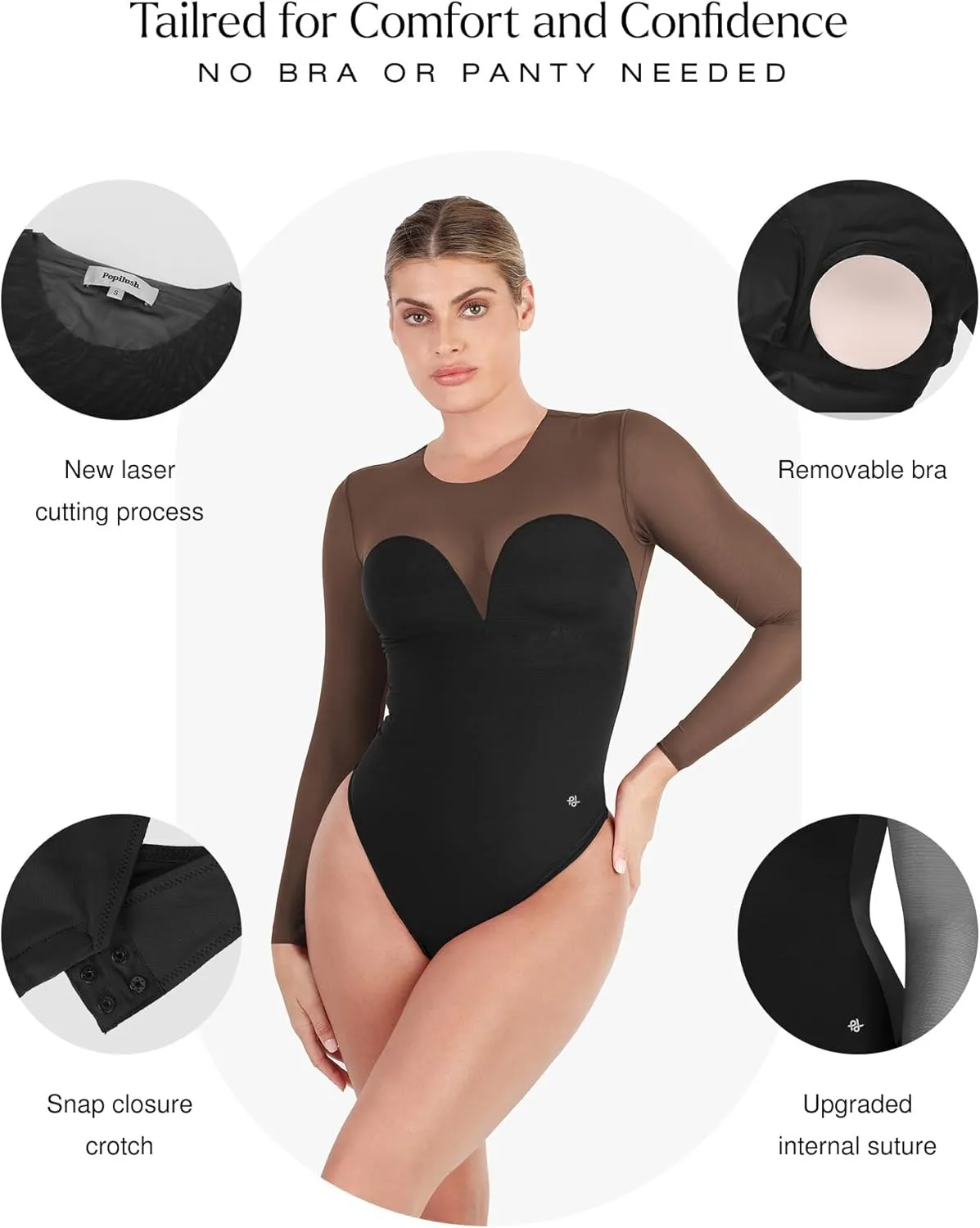 Popilush Long Sleeve Mesh Shapewear Bodysuit for Women Tummy Control Sheer Body Suits Womens Built in Bra Tops Winter Outfits