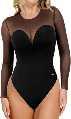 Popilush Long Sleeve Mesh Shapewear Bodysuit for Women Tummy Control Sheer Body Suits Womens Built in Bra Tops Winter Outfits