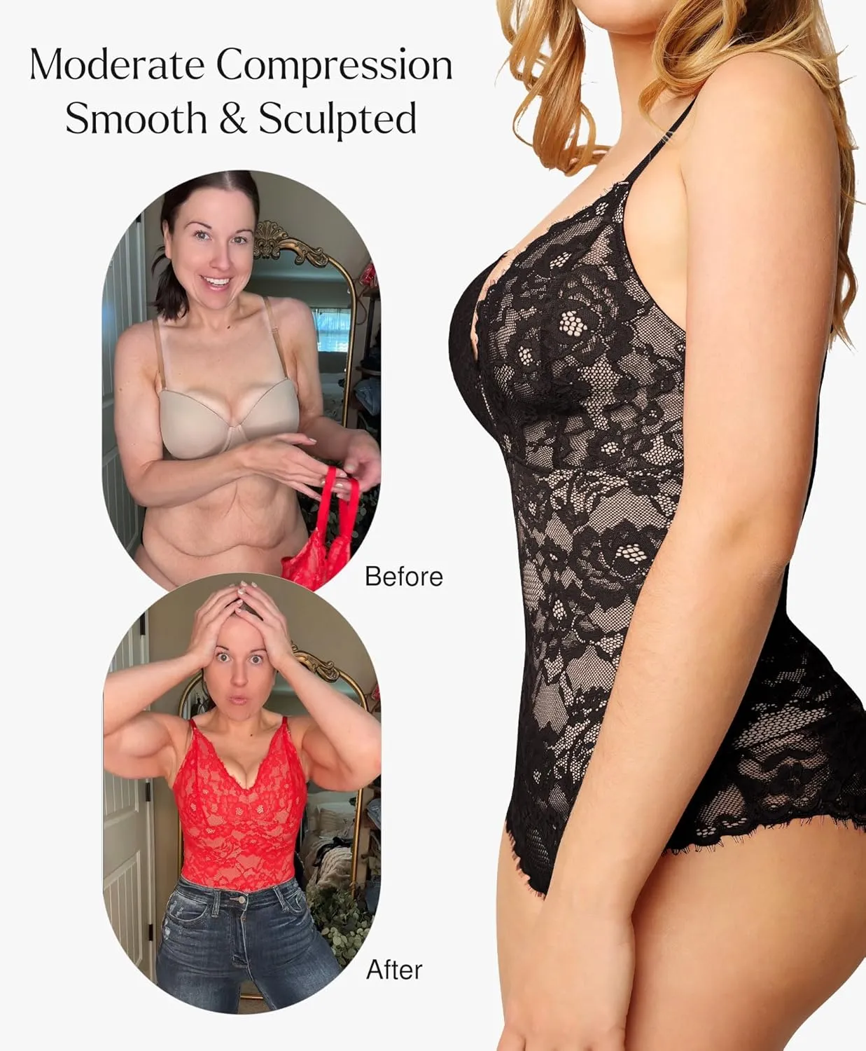 Popilush Shapewear Bodysuit V Neck Tummy Control Backless Lace Tank Tops Sleeveless Thong Bodysuit