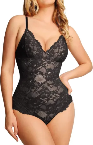 Popilush Shapewear Bodysuit V Neck Tummy Control Backless Lace Tank Tops Sleeveless Thong Bodysuit