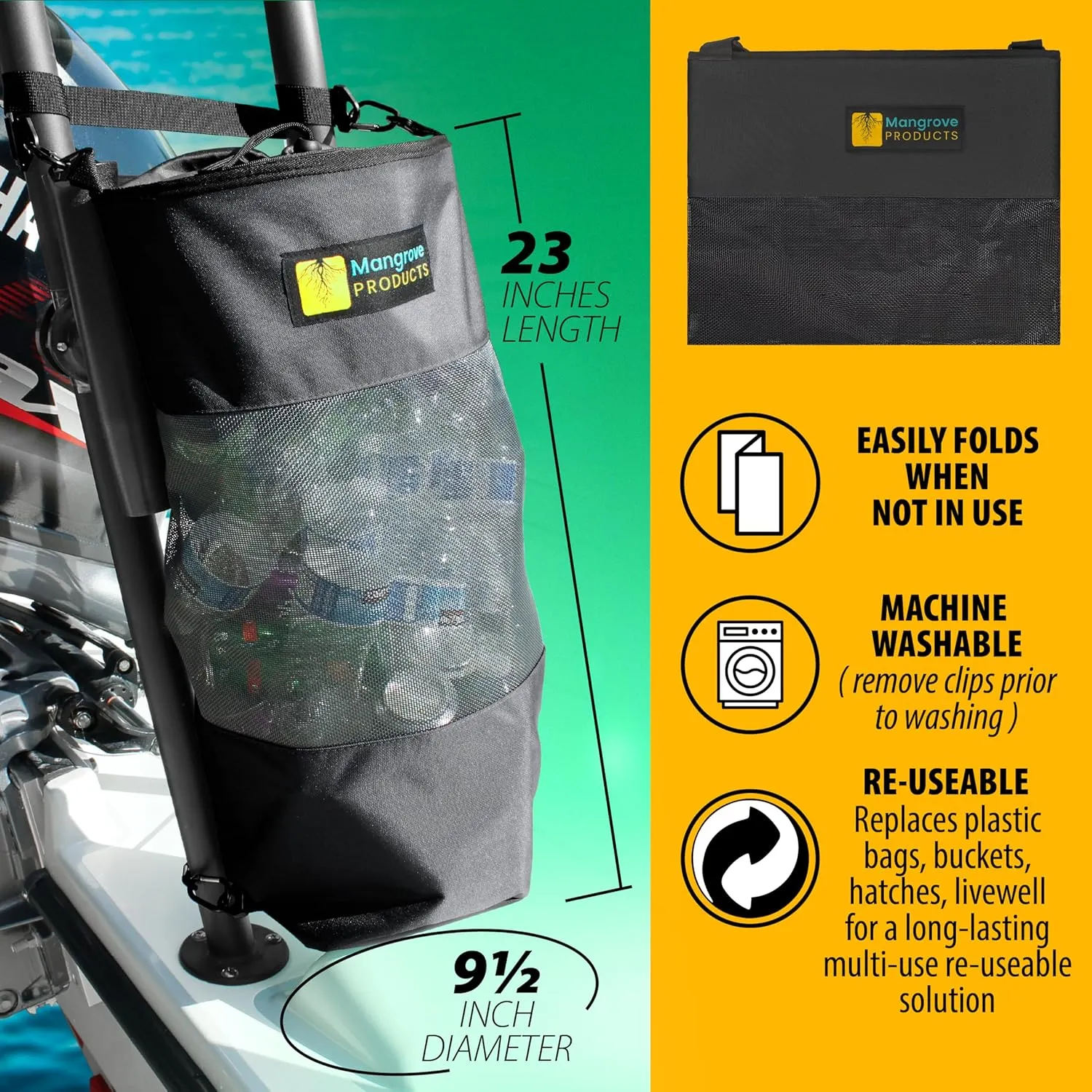 Portable Boat Trash Can, Reusable Trash Bag, Boating Equipment, Boat Storage, Boat Accessories Marine, Pontoon Boat Accessories, Fishing, Sandbar, RV, or Camping