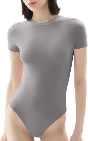 PUMIEY Women's Crew Neck Short Sleeve Thong Bodysuit Fashion T-shirt Tops Smoke Cloud Pro Collection
