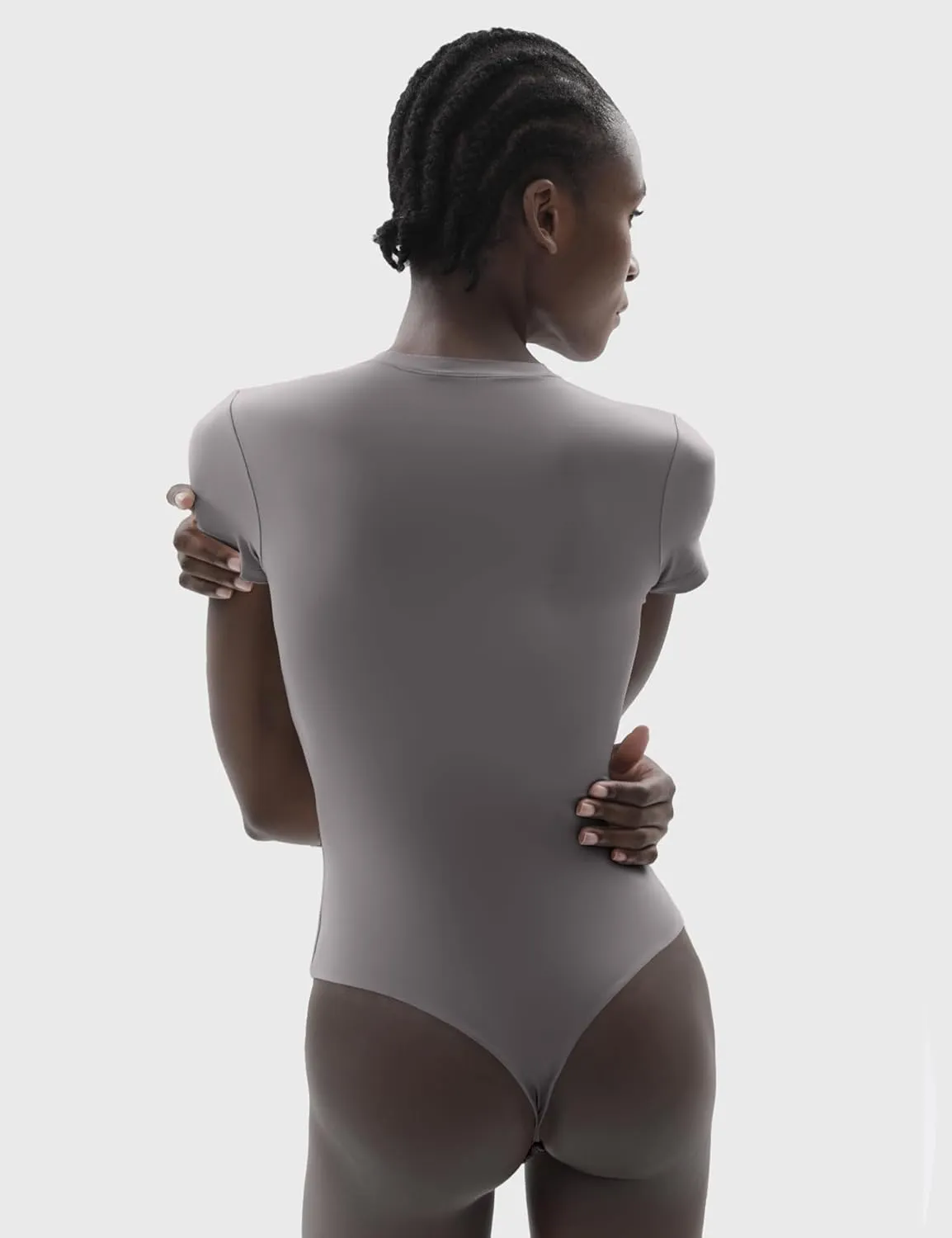 PUMIEY Women's Crew Neck Short Sleeve Thong Bodysuit Fashion T-shirt Tops Smoke Cloud Pro Collection
