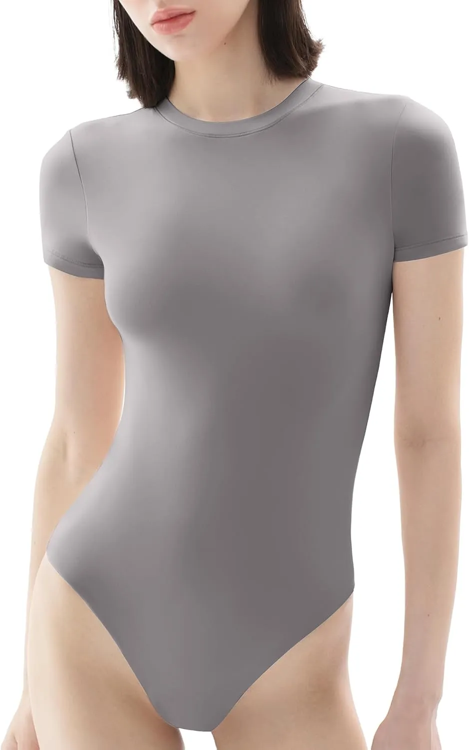 PUMIEY Women's Crew Neck Short Sleeve Thong Bodysuit Fashion T-shirt Tops Smoke Cloud Pro Collection