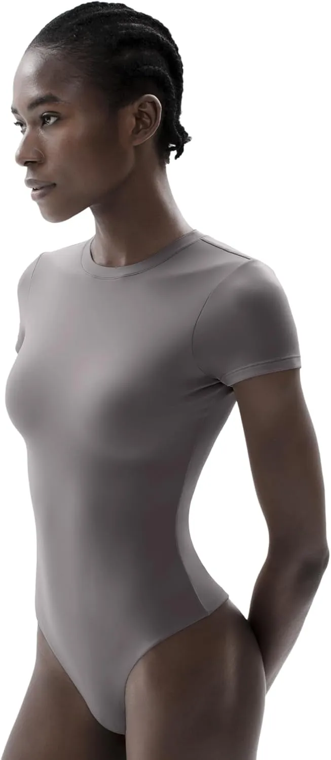 PUMIEY Women's Crew Neck Short Sleeve Thong Bodysuit Fashion T-shirt Tops Smoke Cloud Pro Collection
