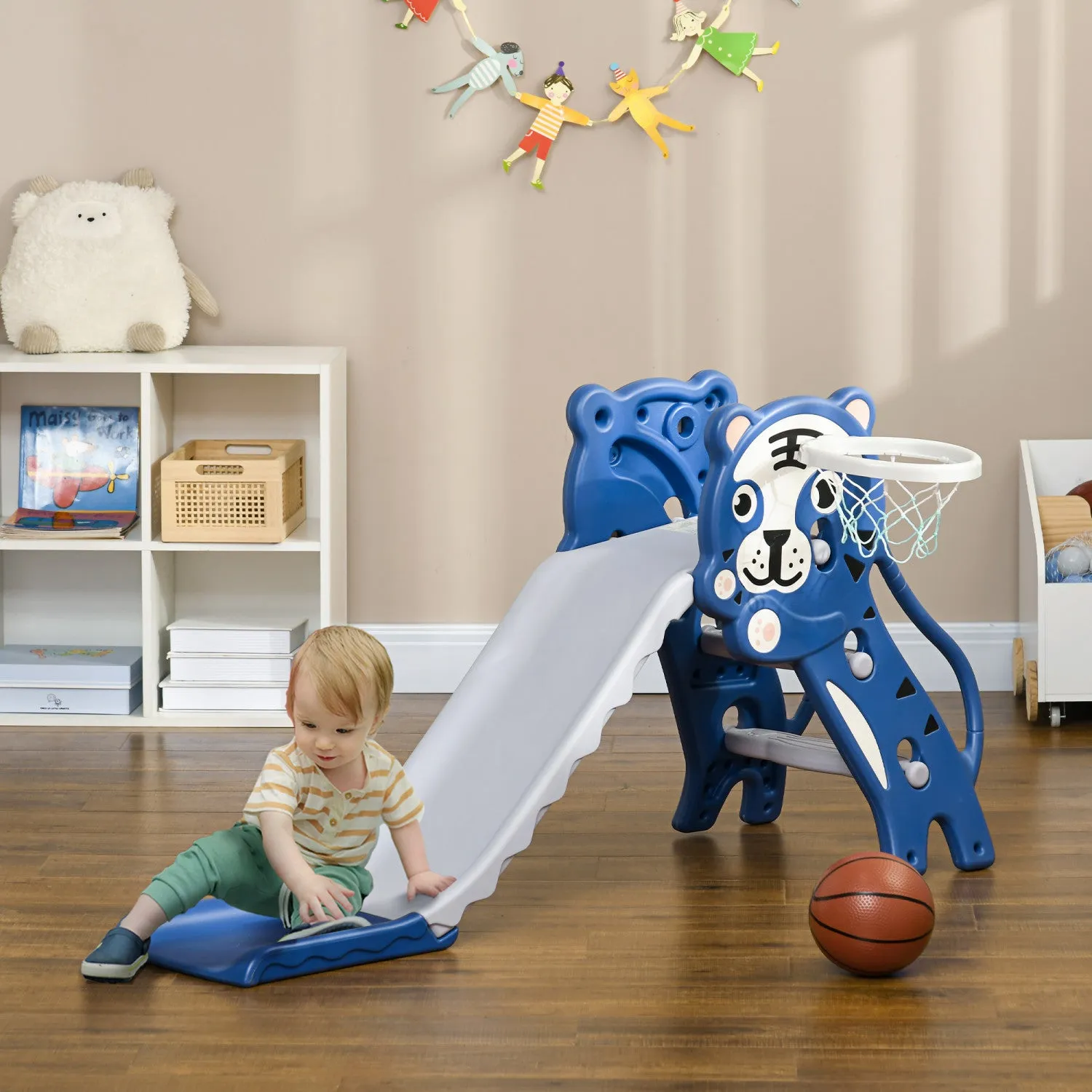 Qaba 2 In 1 Toddler Slide For Indoor, Easy Set Up Kids Slide Playset With Basketball Hoop For 18-36 |Qaba Toboggan 2 En 1 Pour Interieur, Toboggan Pour Enfants Facile A Installer Pour Tout-petits De 18