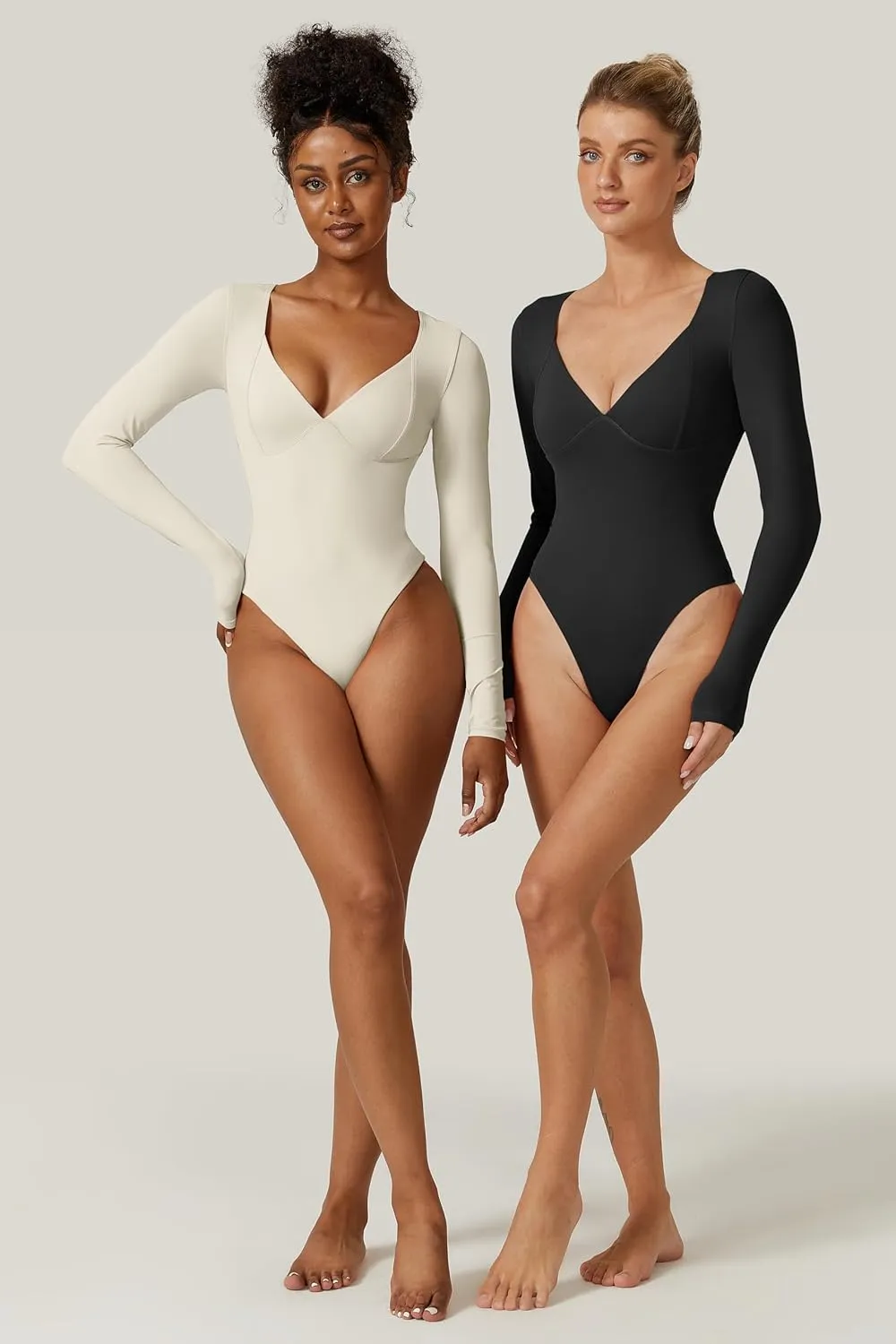 QINSEN Women's Long Sleeve Bodysuit V Neck Body Suits Seamed Cup Going Out Tops Shirt