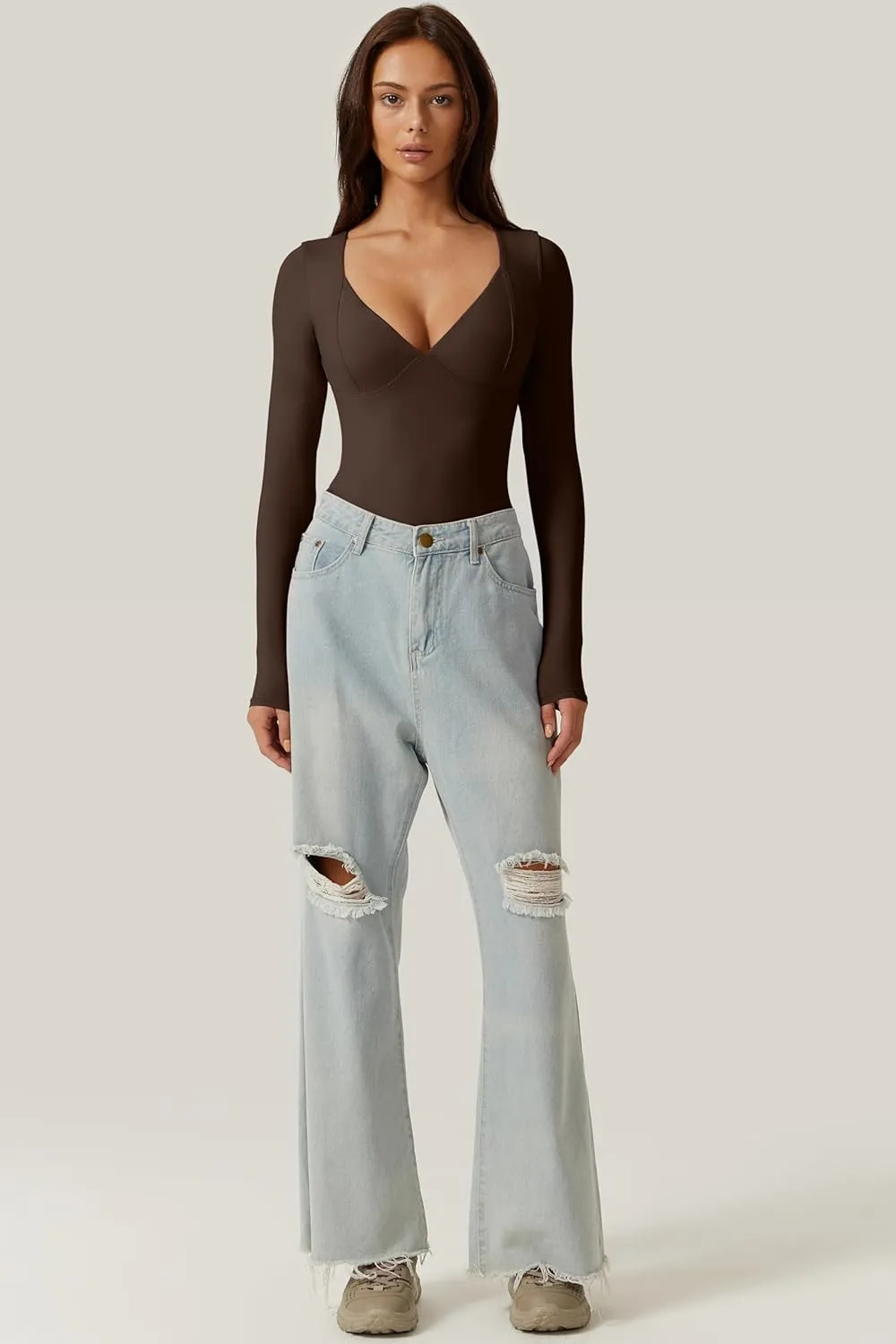 QINSEN Women's Long Sleeve Bodysuit V Neck Body Suits Seamed Cup Going Out Tops Shirt