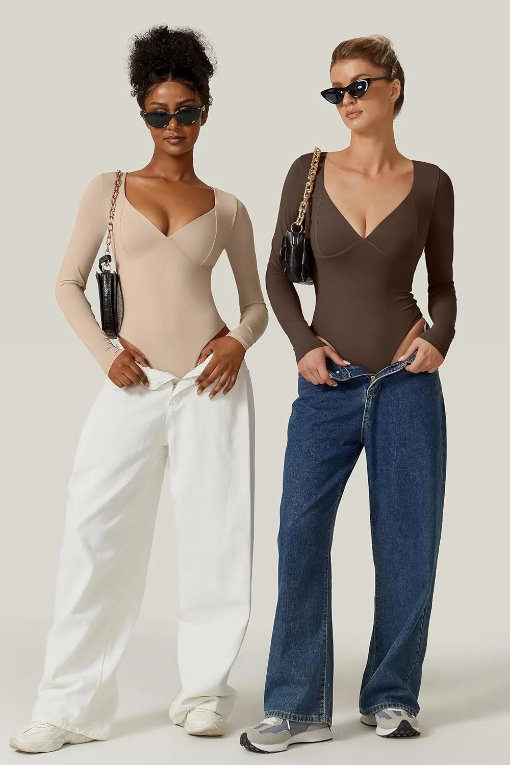 QINSEN Women's Long Sleeve Bodysuit V Neck Body Suits Seamed Cup Going Out Tops Shirt