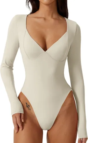 QINSEN Women's Long Sleeve Bodysuit V Neck Body Suits Seamed Cup Going Out Tops Shirt