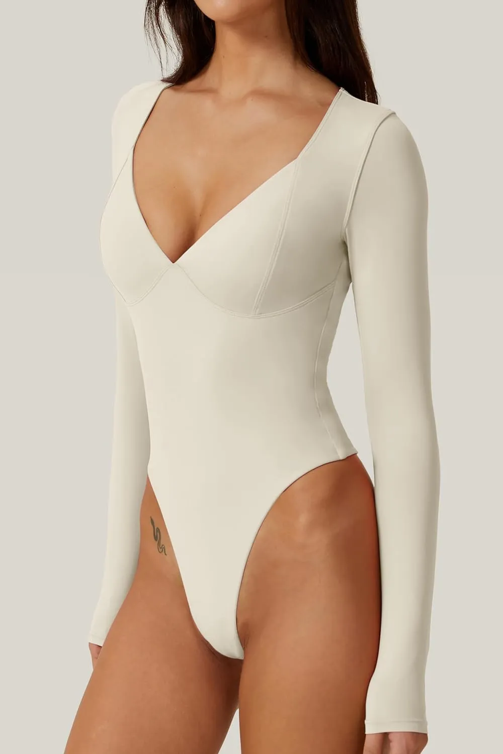 QINSEN Women's Long Sleeve Bodysuit V Neck Body Suits Seamed Cup Going Out Tops Shirt