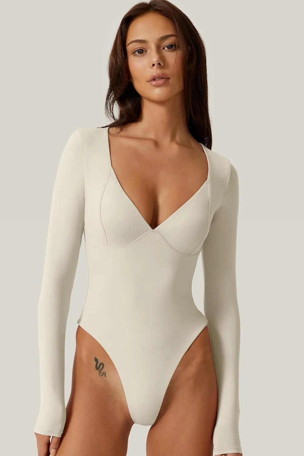 QINSEN Women's Long Sleeve Bodysuit V Neck Body Suits Seamed Cup Going Out Tops Shirt
