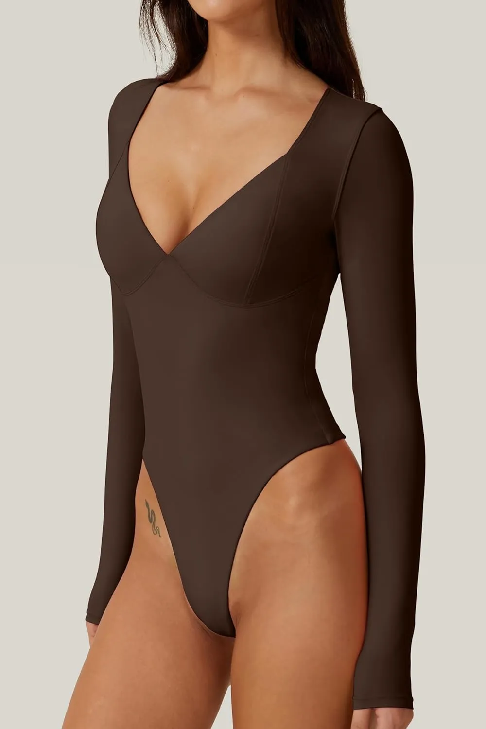 QINSEN Women's Long Sleeve Bodysuit V Neck Body Suits Seamed Cup Going Out Tops Shirt