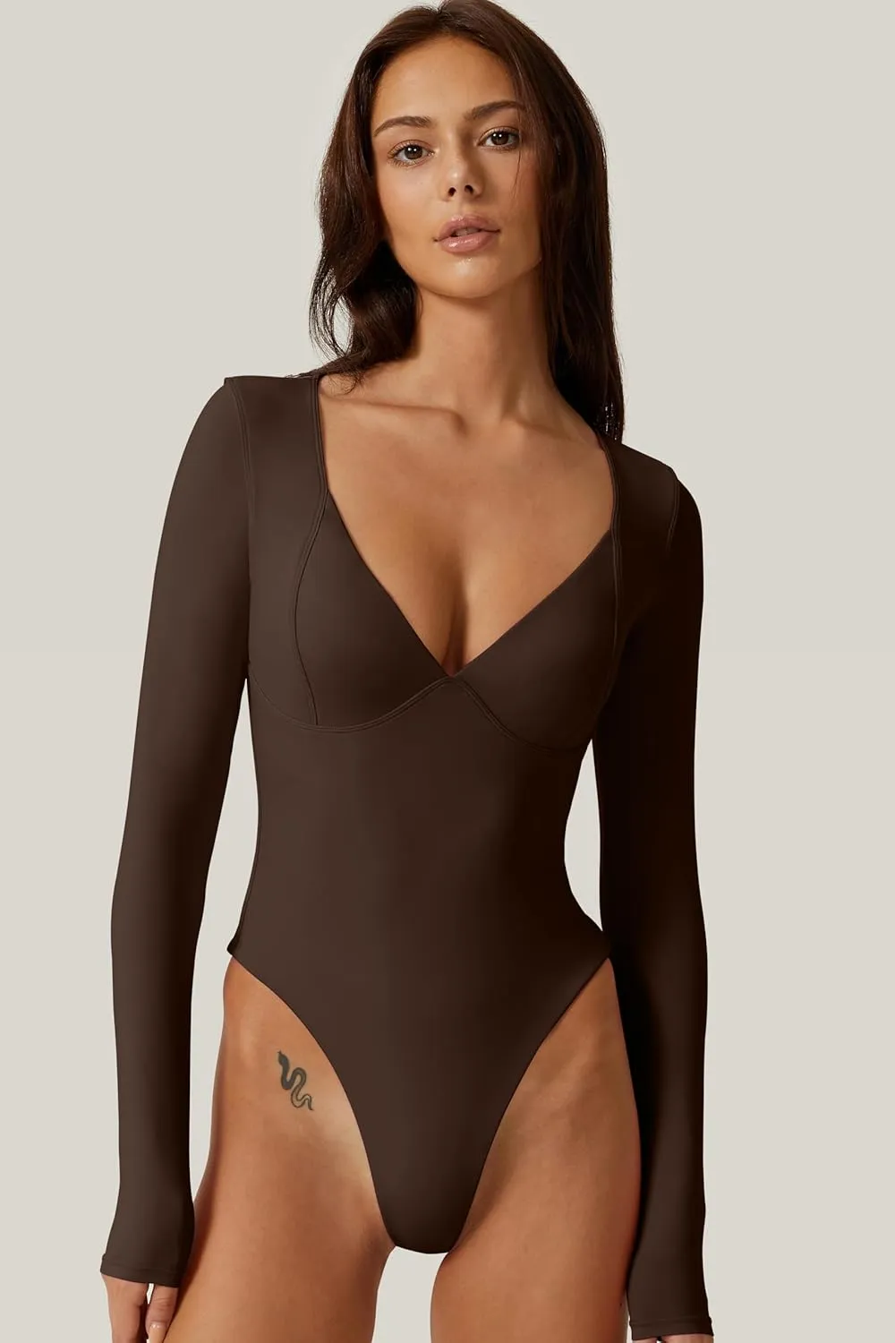 QINSEN Women's Long Sleeve Bodysuit V Neck Body Suits Seamed Cup Going Out Tops Shirt