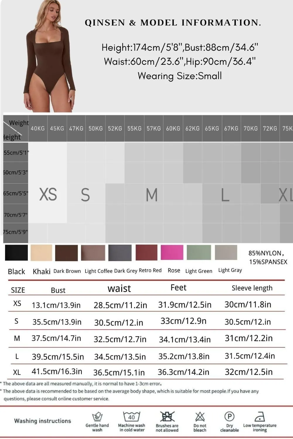 QINSEN Women's Sexy Square Neck Bodysuit Long Sleeve Double Lined Shirt Tops