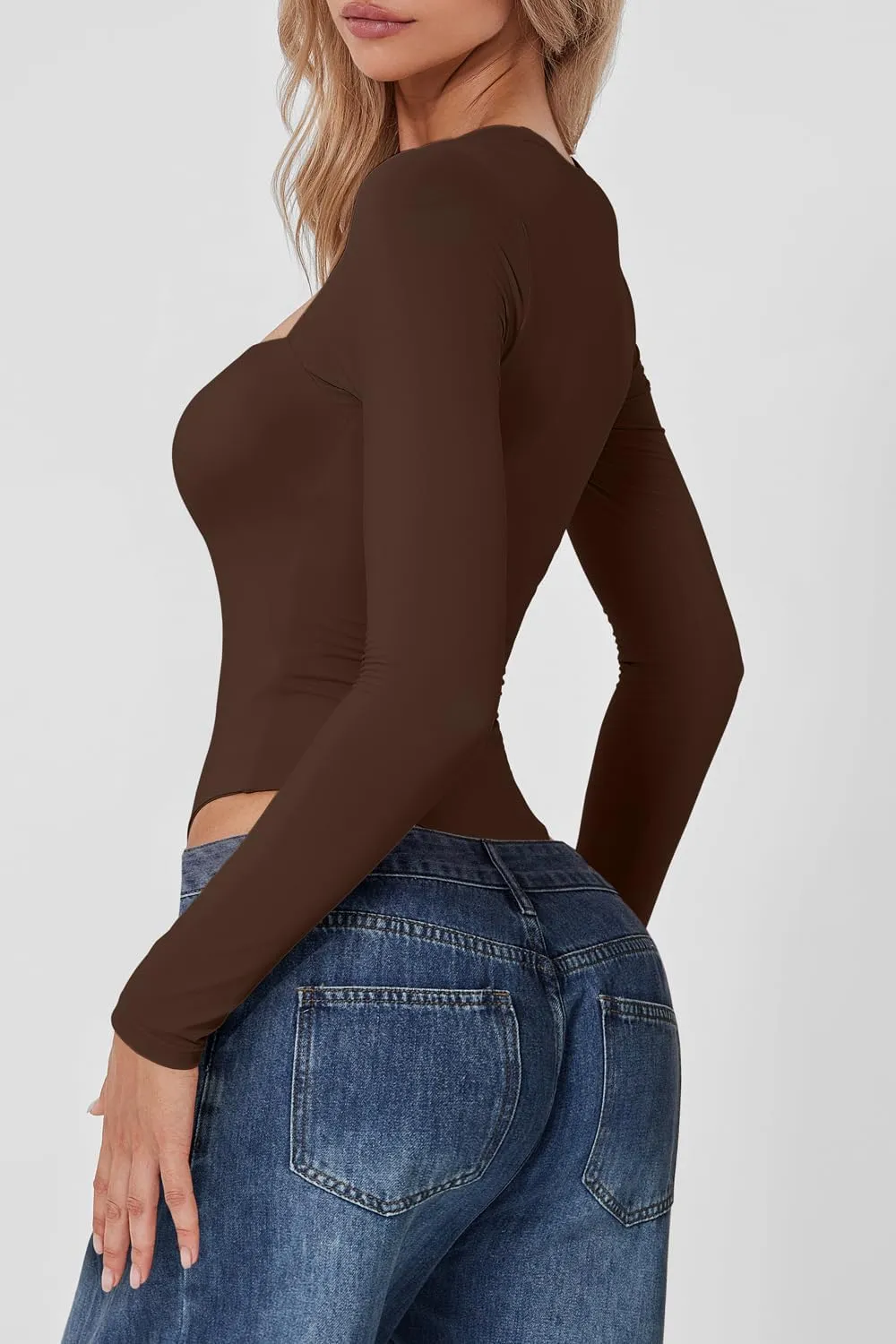 QINSEN Women's Sexy Square Neck Bodysuit Long Sleeve Double Lined Shirt Tops