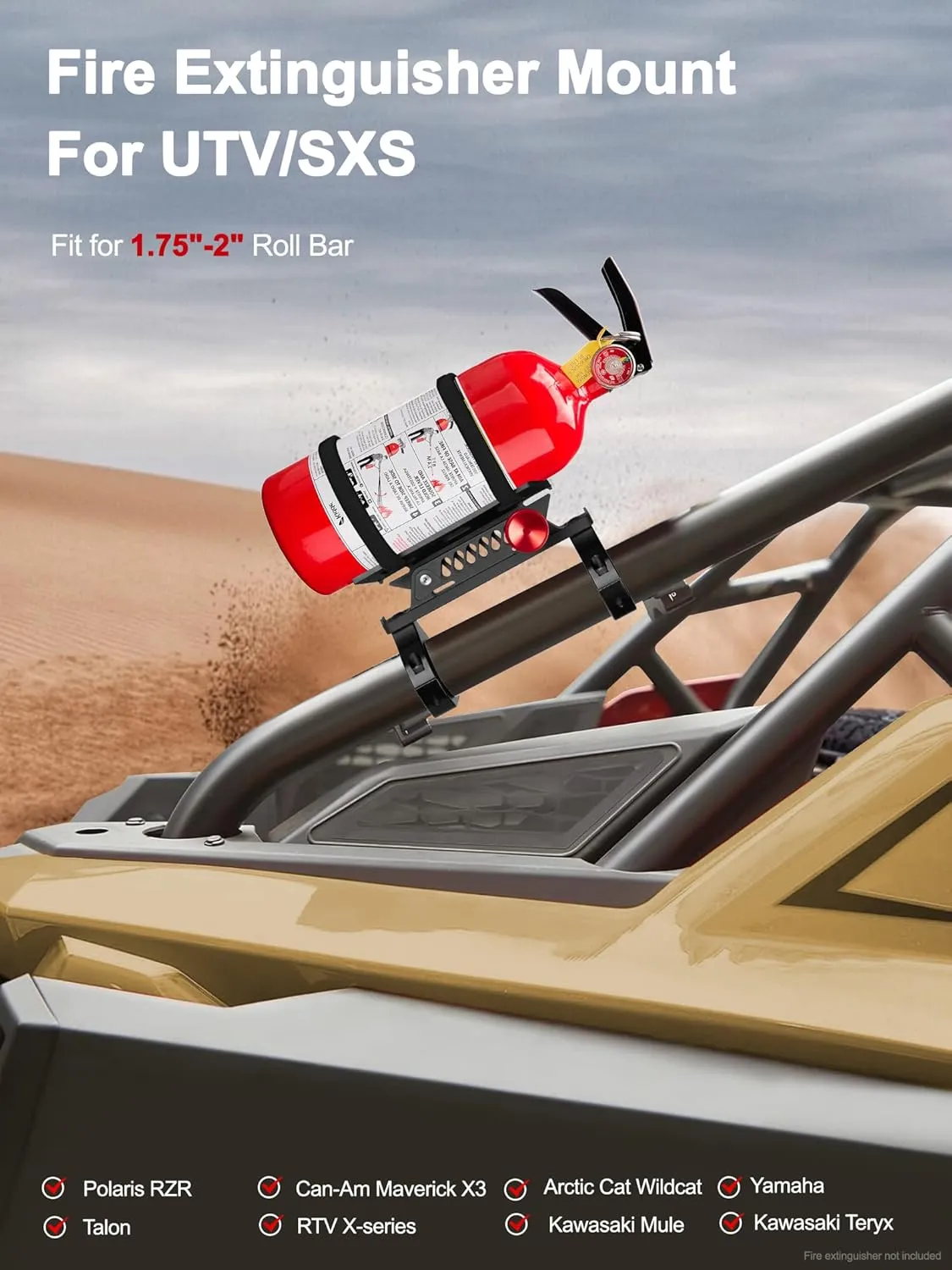 Quick Release UTV Fire Extinguisher Mount Kits, Adjustable Roll Bar Fire Extinguisher Holder Bracket Easy Install on 1.75"-2" Roll Cage, Compatible with Polaris RZR/Can Am X3/Jeep Wrangler