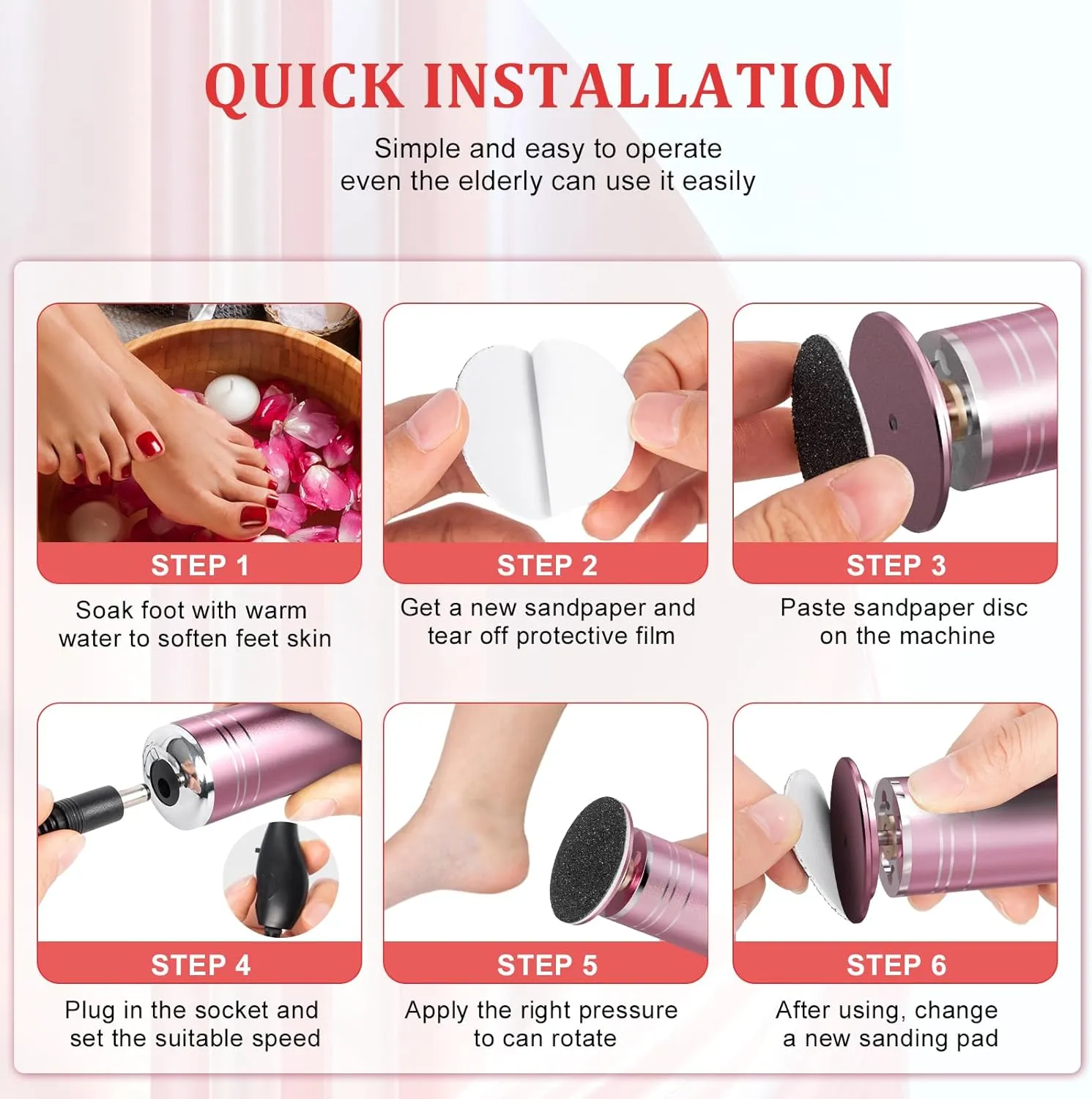 Ranrose Electric Feet Callus Remover - Foot File Electric with Speed Controller Pedicure Tools Professional for Dead Skin and Calluses, 60PCS Sandpaper Disk, Pink