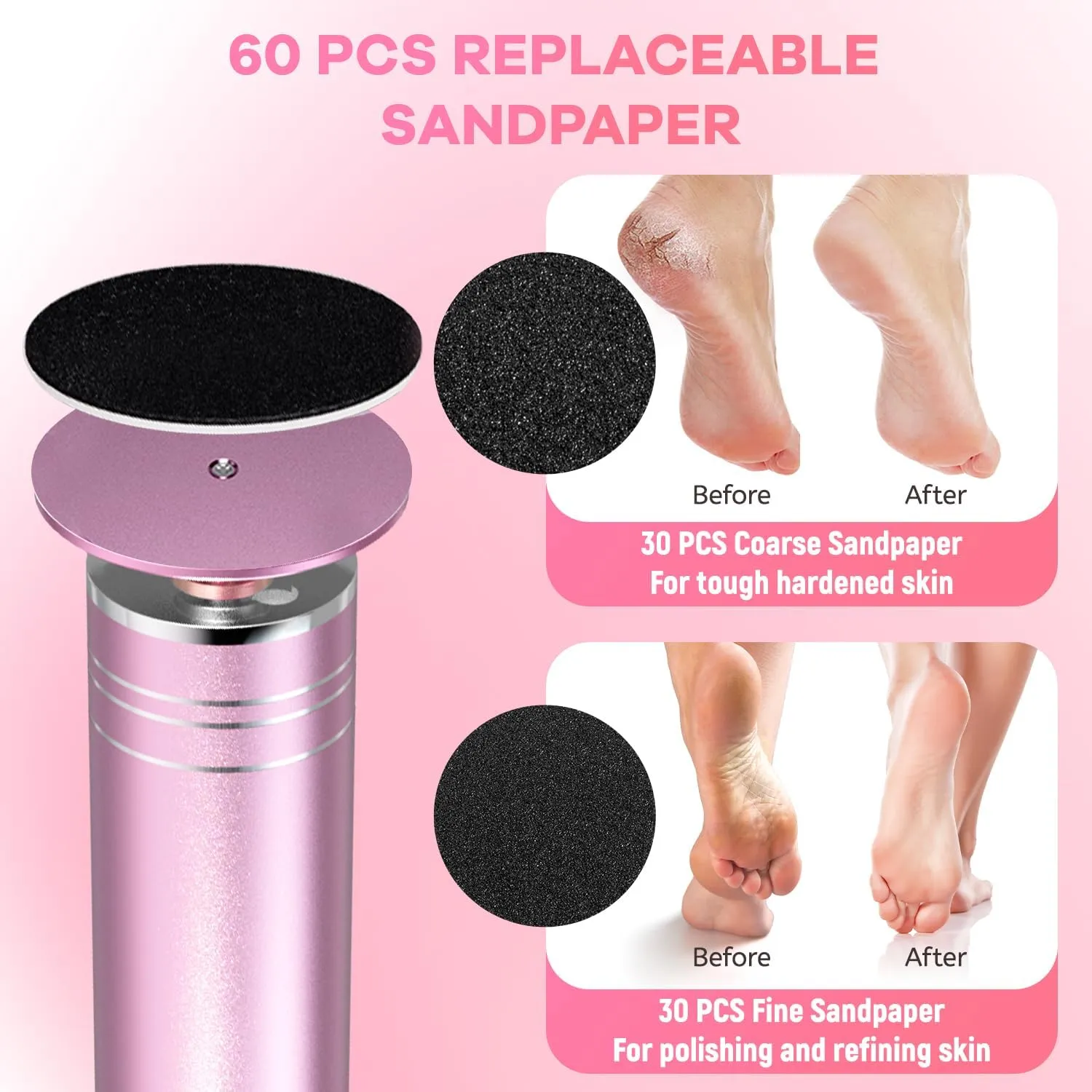 Ranrose Electric Feet Callus Remover - Foot File Electric with Speed Controller Pedicure Tools Professional for Dead Skin and Calluses, 60PCS Sandpaper Disk, Pink