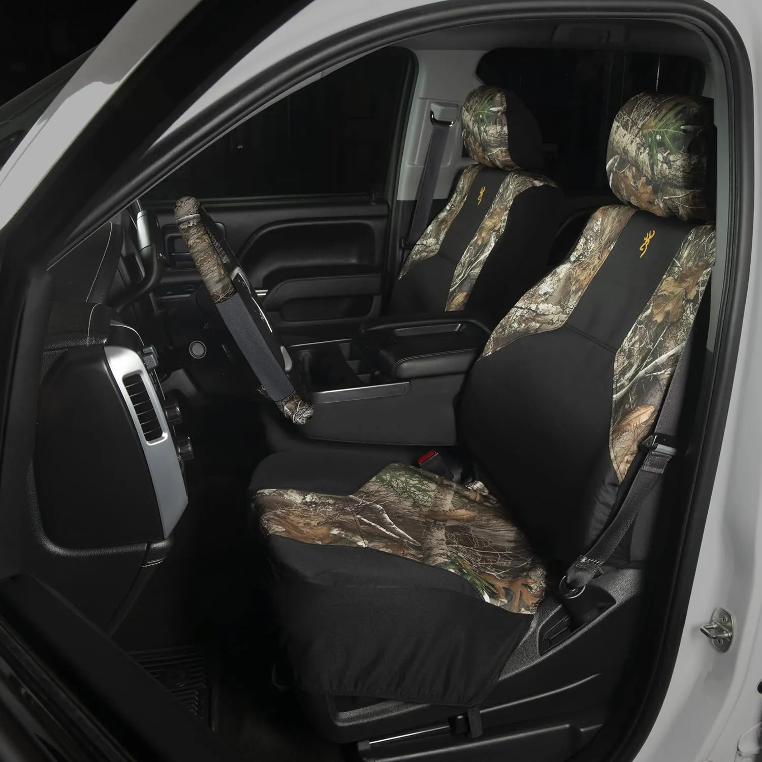 Realtree 3pc Camo Water Resistant Seat Cover Set for Trucks, Cars and SUVs - 2 Low Back Seat Covers and 1 Steering Wheel Cover (Browning | Edge - 3pc)