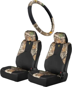 Realtree 3pc Camo Water Resistant Seat Cover Set for Trucks, Cars and SUVs - 2 Low Back Seat Covers and 1 Steering Wheel Cover (Browning | Edge - 3pc)