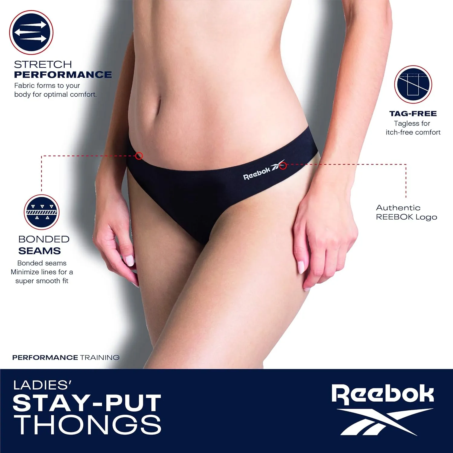 Reebok Women's Thong Underwear - 3 Pack or 6 Pack Performance Stretch Sexy Seamless Thong Panties for Women (Sizes: S-XL)