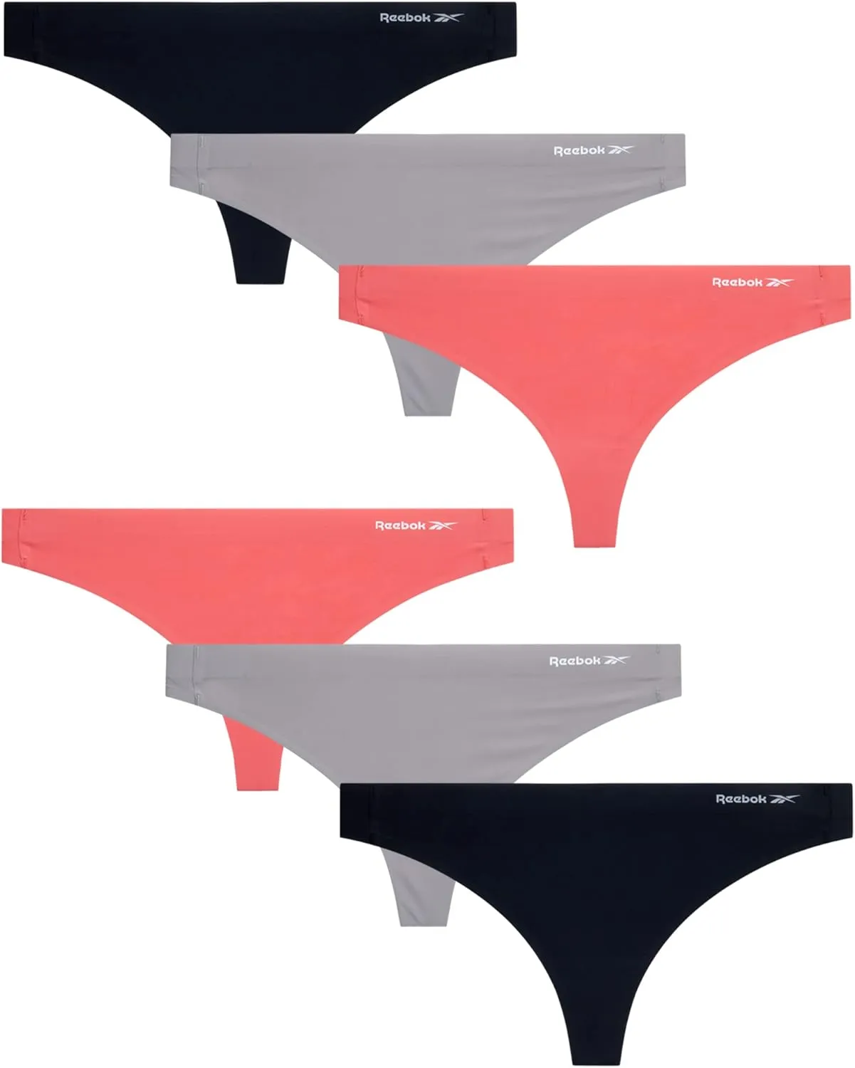 Reebok Women's Thong Underwear - 3 Pack or 6 Pack Performance Stretch Sexy Seamless Thong Panties for Women (Sizes: S-XL)