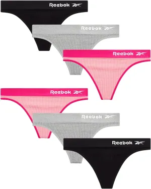 Reebok Women's Thongs - 6 Pack Performance Seamless Thongs for Women Sexy Panties - Breathable Underwear for Women (S-XL)