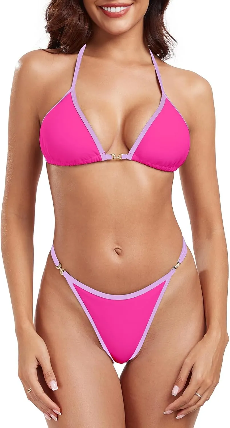 RELLECIGA Women's Thong Bikini Set Triangle Halter Brazilian Two Piece Swimsuit