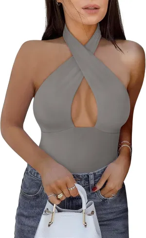 REORIA Butsmooth® Women's Trendy Sexy Criss Cross Halter Neck Sleeveless Thong Bodysuits Tops Clubwear